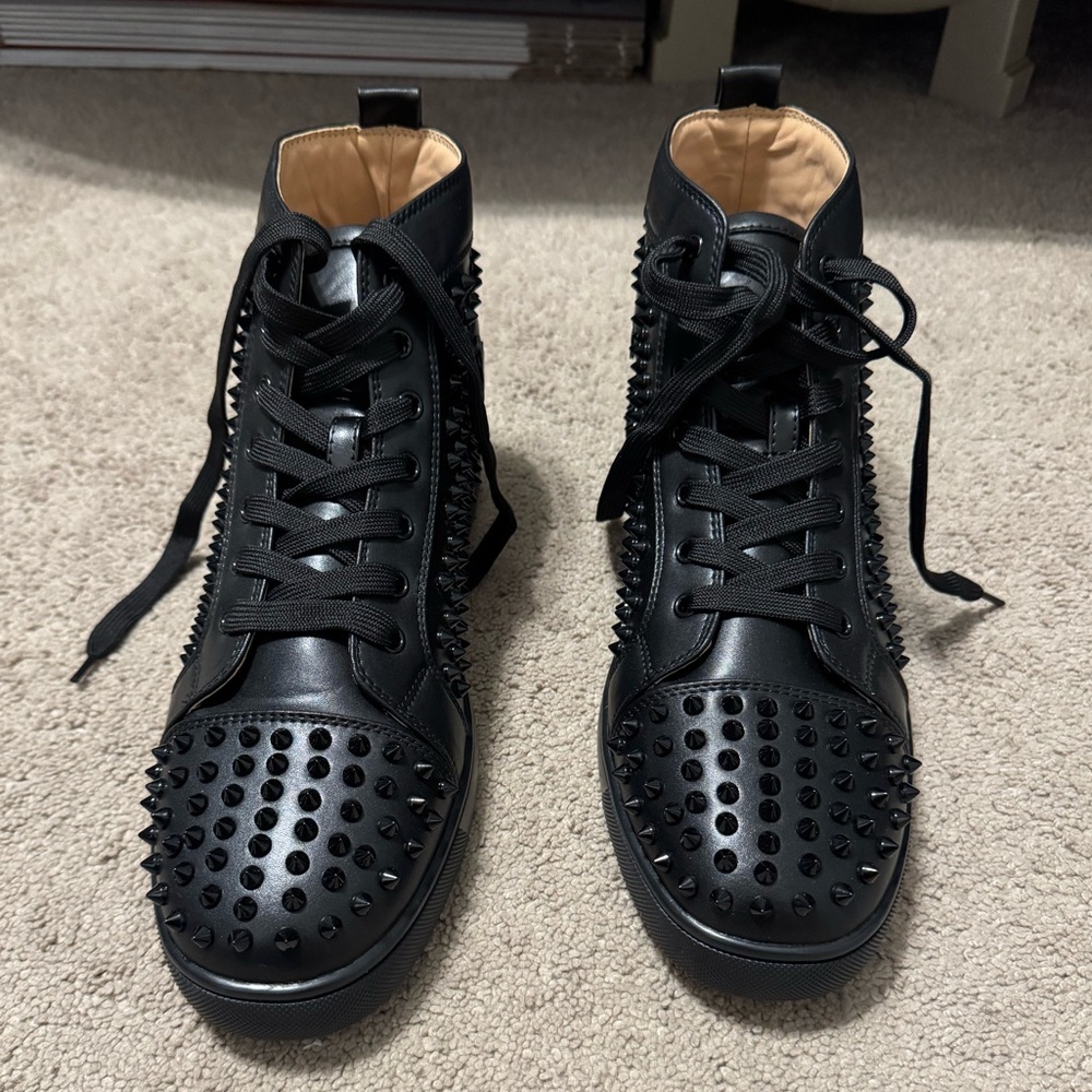 Authentic Christian Louboutin High Top Black and Red Studded Sneakers EU46